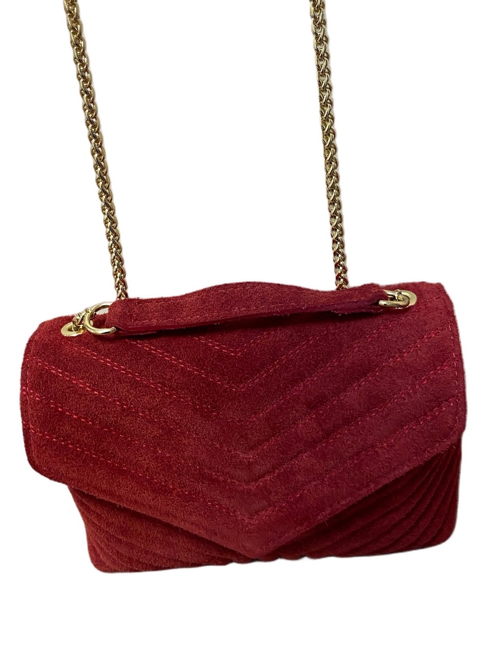 Persaman Red Suede Quilted Crossbody Bag Gold Chain Strap Chevron Flap Shoulder - Picture 2 of 11